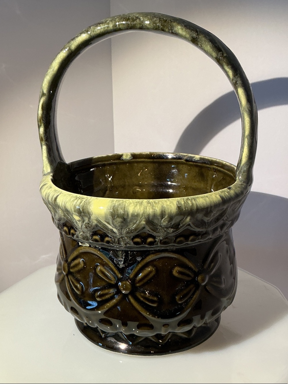 Hull vintage Olive Green Drip-Glazed Ceramic Basket with Decorative Relief